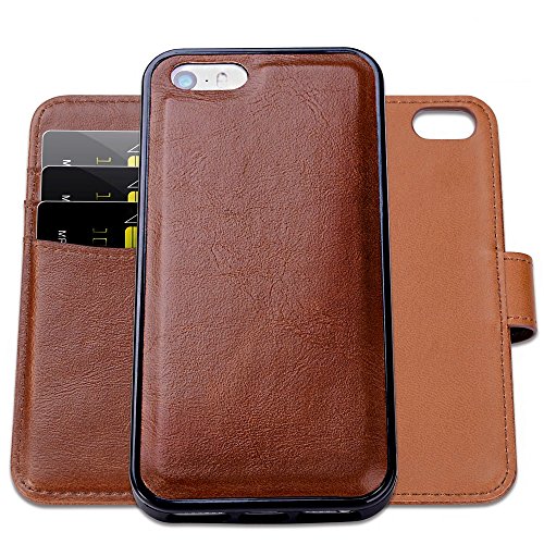 SHANSHUI Wallet Case Compatible with iPhone 5, 5S, SE (2016), Magnetic Detachable 2-in-1 PU Leather Case with 3 RFID Card Holders 1 Cash Pocket with Back Cover - Brown