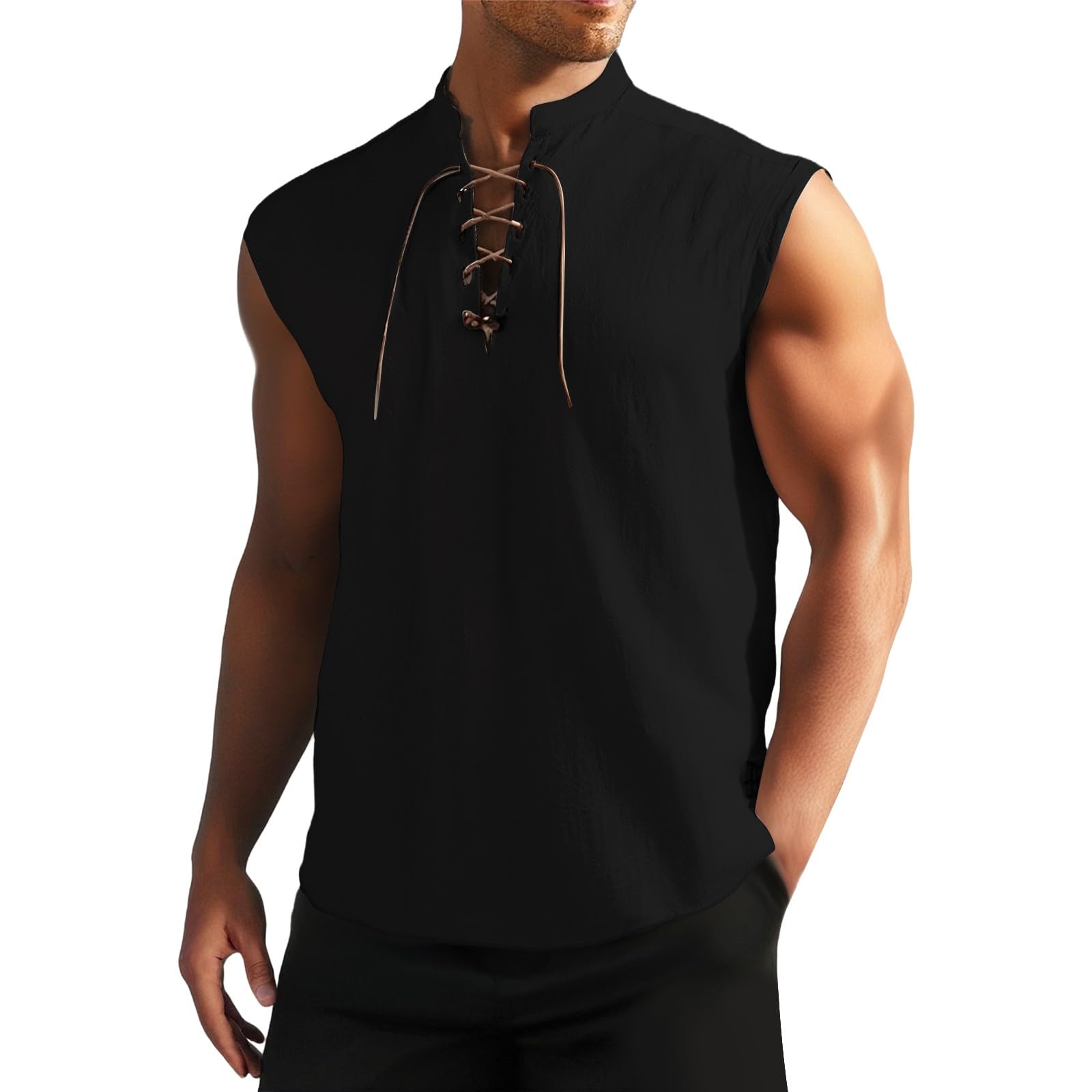 Mens Tank Tops Sleeveless T Shirts Cotton Lace Up Shirt Linen Tshirt for Pirate Renaissance Medieval Viking Costume Camisillas Blancas para Hombres(Black, XXL)