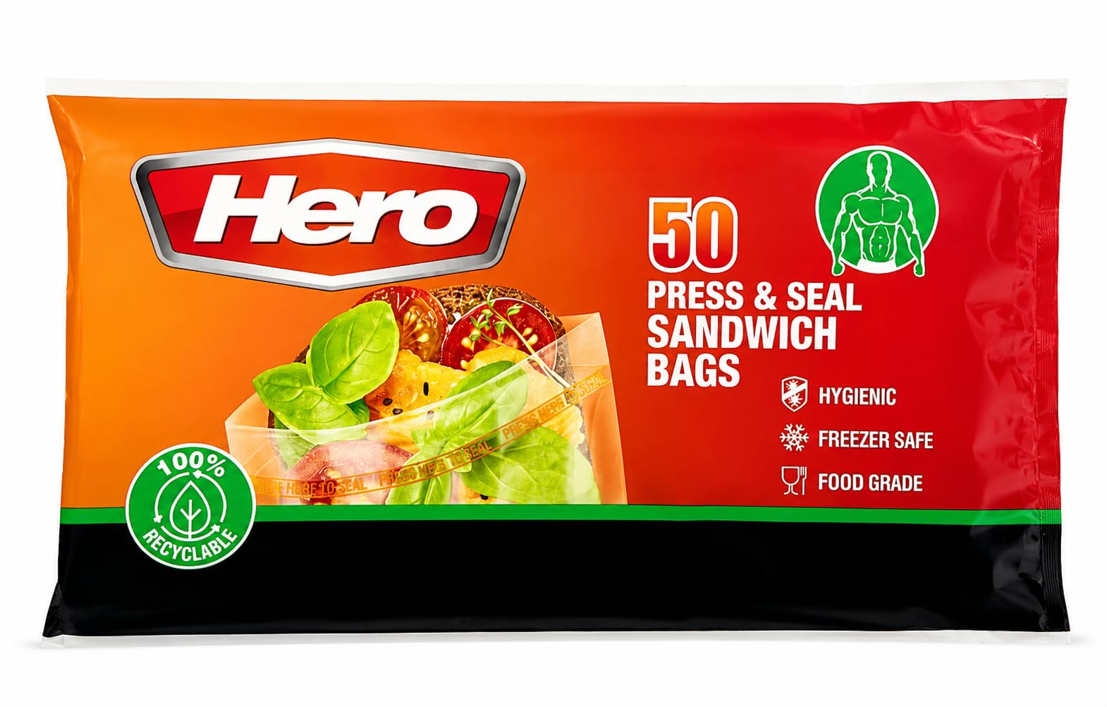 Hero Clear 50 X Sealable Freezer Bags, Press Seal Food Reusable Sandwich Food, Bpa Free Click Lock, Food Storage Freezer Bags For Fruits,Meat,Grains,Vegetables,Sweets