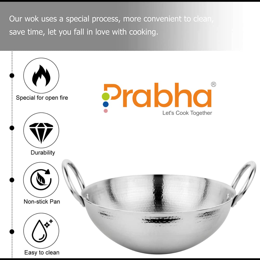Prabha Stainless Steel Hammered Finish, Heavy Gauge Kadhai, Kitchen Wok with 2.4L Capacity & 240mm Size, Compatible with Gas Stove - Image 7 thumbnail