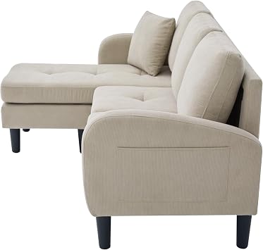 Merax L-Shaped Corner Sofa 166 x 118 x 77 cm 3-Seater Sofa with Chaise Longue Modular Living Room Sofa Made of Breathable Corduroy Fabric Comfortable Apartment and Office Sofa Light Brown