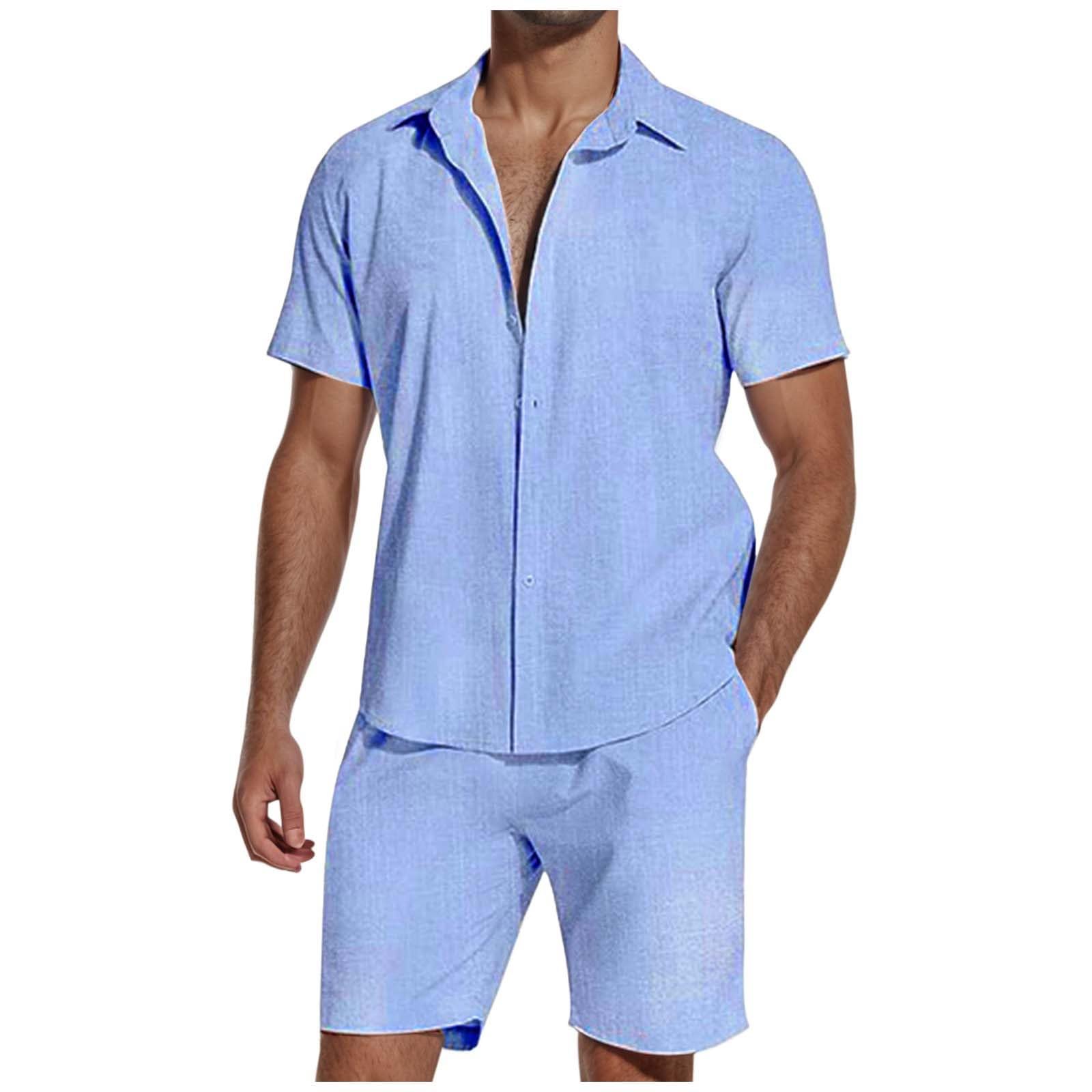 Generisch Conjunto de pantalones cortos y camisa para hombre, traje de ocio para hombre, traje de verano corto, traje de verano transpirable, traje de casa ligero con cuello alto, traje de lino, corte