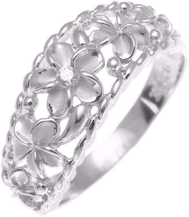 Arthur's Jewelry Sterling silver 925 Hawaiian 5 plumeria flower cz ring curve style rhodium plated size 3 to 10