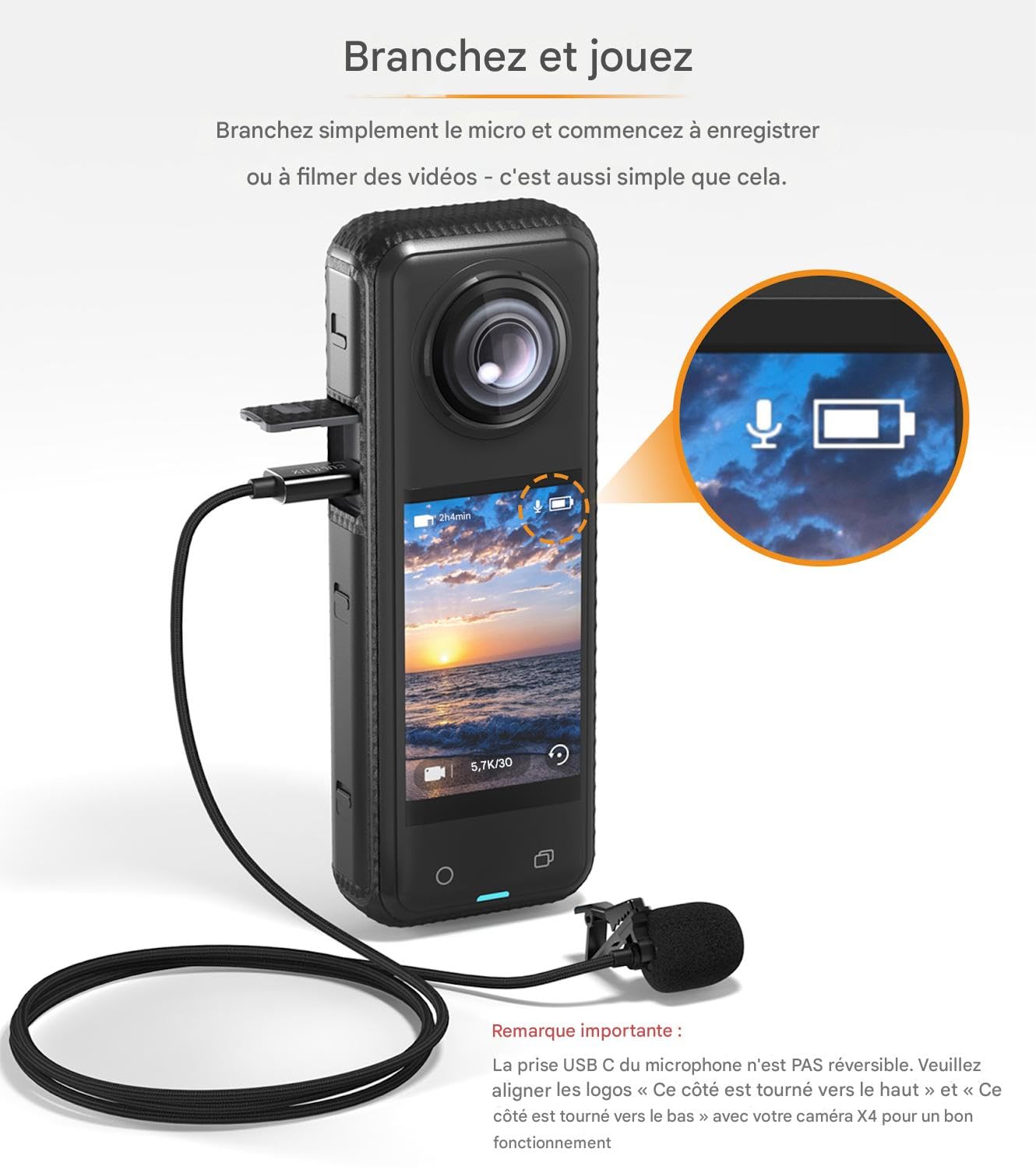 Microphone Lavalier Cubilux pour Insta 360 X4, Microphone Filaire Omnidirectionnel à Haute Sensibilité, Idéal pour Le Vlogging, Les Entretiens, Le Streaming, Les Conférences et la Diffusion, Câble de