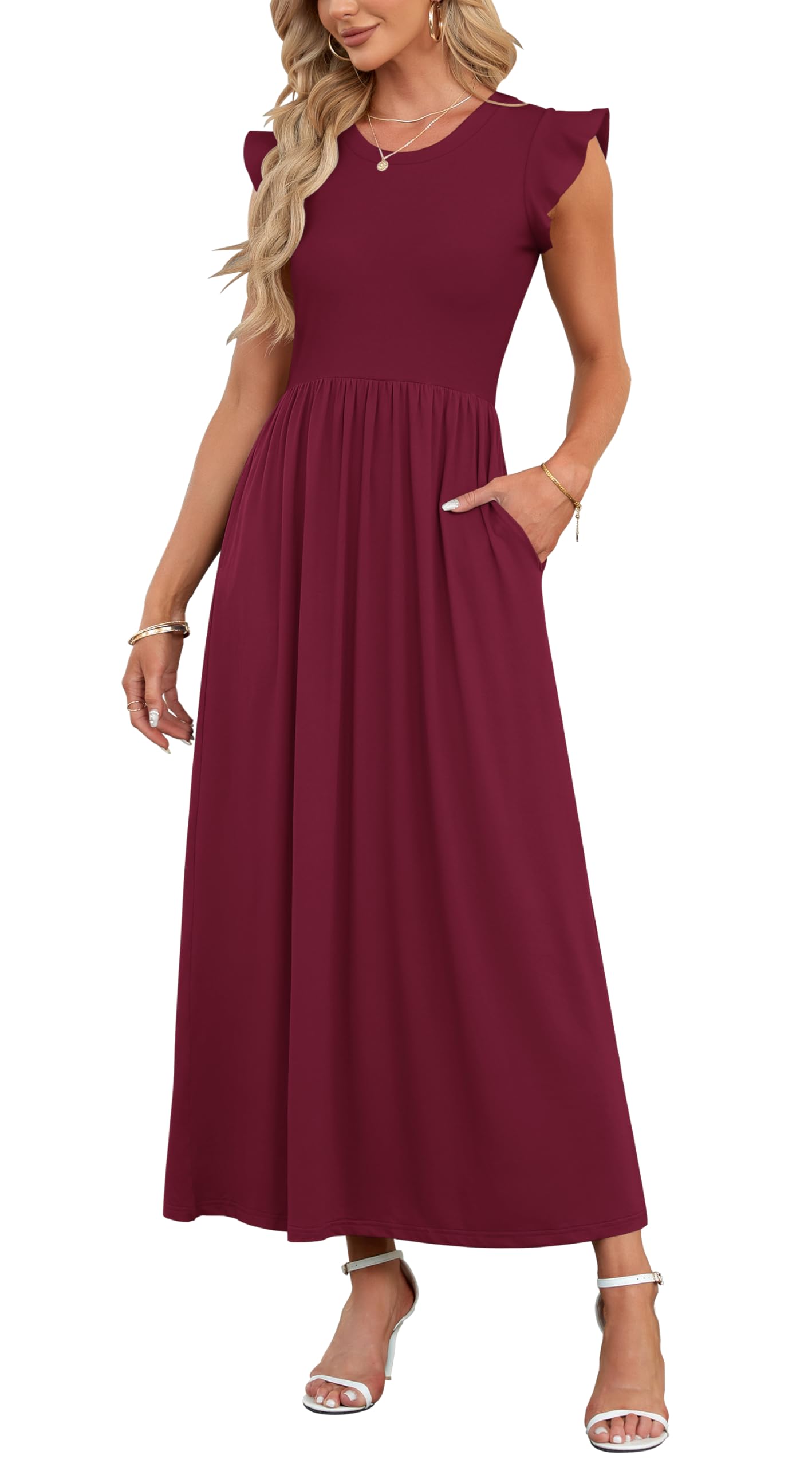 AUSELILY Damen Sommer Rundhalsausschnitt Maxi Kleid mit Taschen Kurzarm und Rüschen Lässiges Hohe Taille Langes Lockeres Bodenlanger Rock
