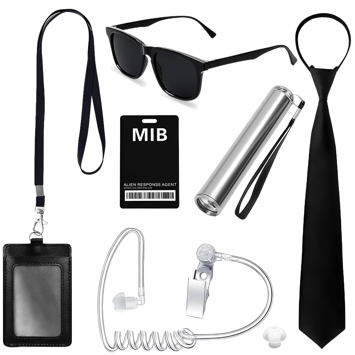 XECCUS Men's in Black Costume Mib Accessories, Agent Costume Accessories, Alien/Security/Secret Agent/Intelligence Spy/FBI Costume with Black Sunglasses, Tie, Headset, ID, Flashlight, Pack of 7