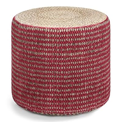 SIMPLIHOME Larissa Round Pouf, Footstool, Upholstered in Natural and Maroon Hand Braided Jute, for the Living Room, Bedroom and Kids Room, Boho Small Parcel