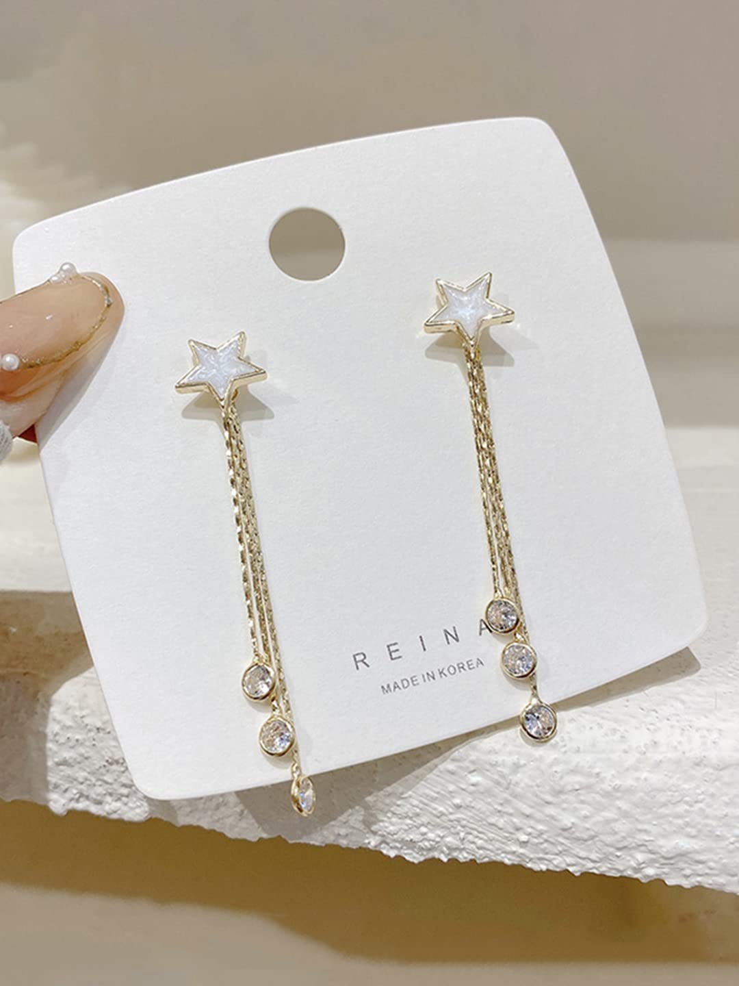 Women's Star Shaped Stud with Linear Chain Crystal Hanging Dangler Earrings