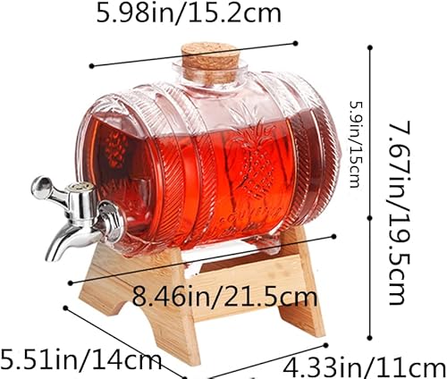 Dispensador de bebidas de barril de vidrio de 1 litro con espita y soporte Dispensador de bebidas frías Dispensador de barril de vino (plata)