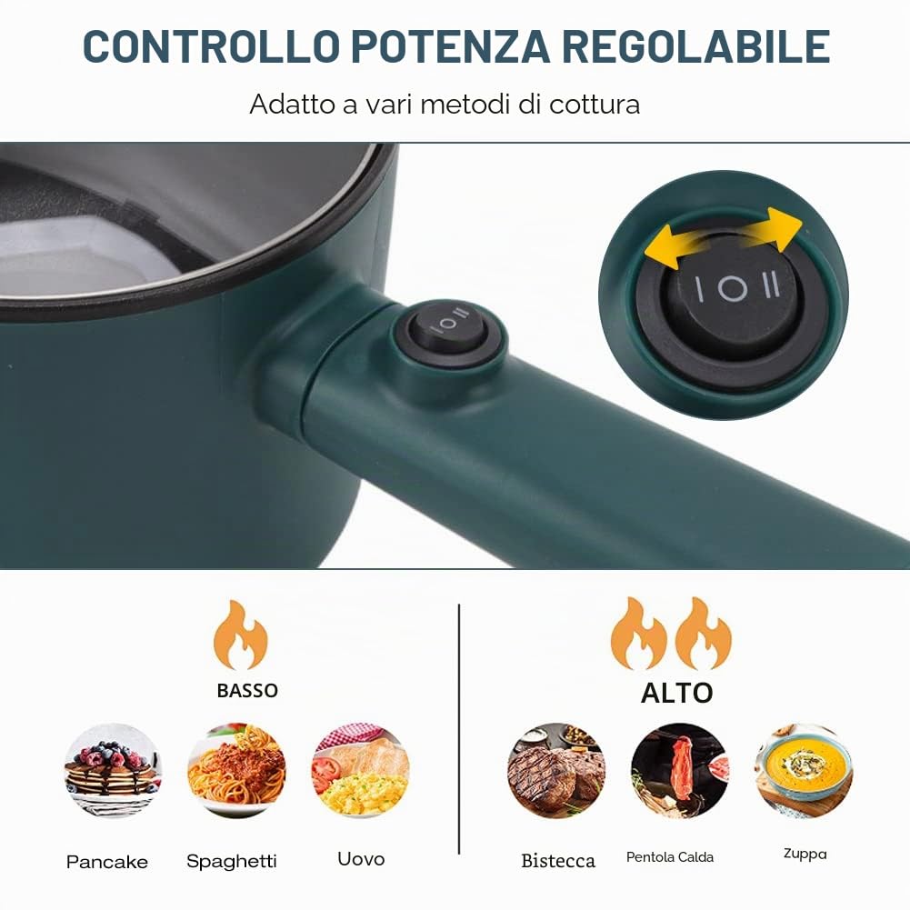 Pentola elettrica con coperchio Pentola per noodle elettrica da 1,8 litri Multicooker con coperchio Fornello elettrico a manico lungo per dormitorio da viaggio Spatola e uovo a riscaldamento rapido