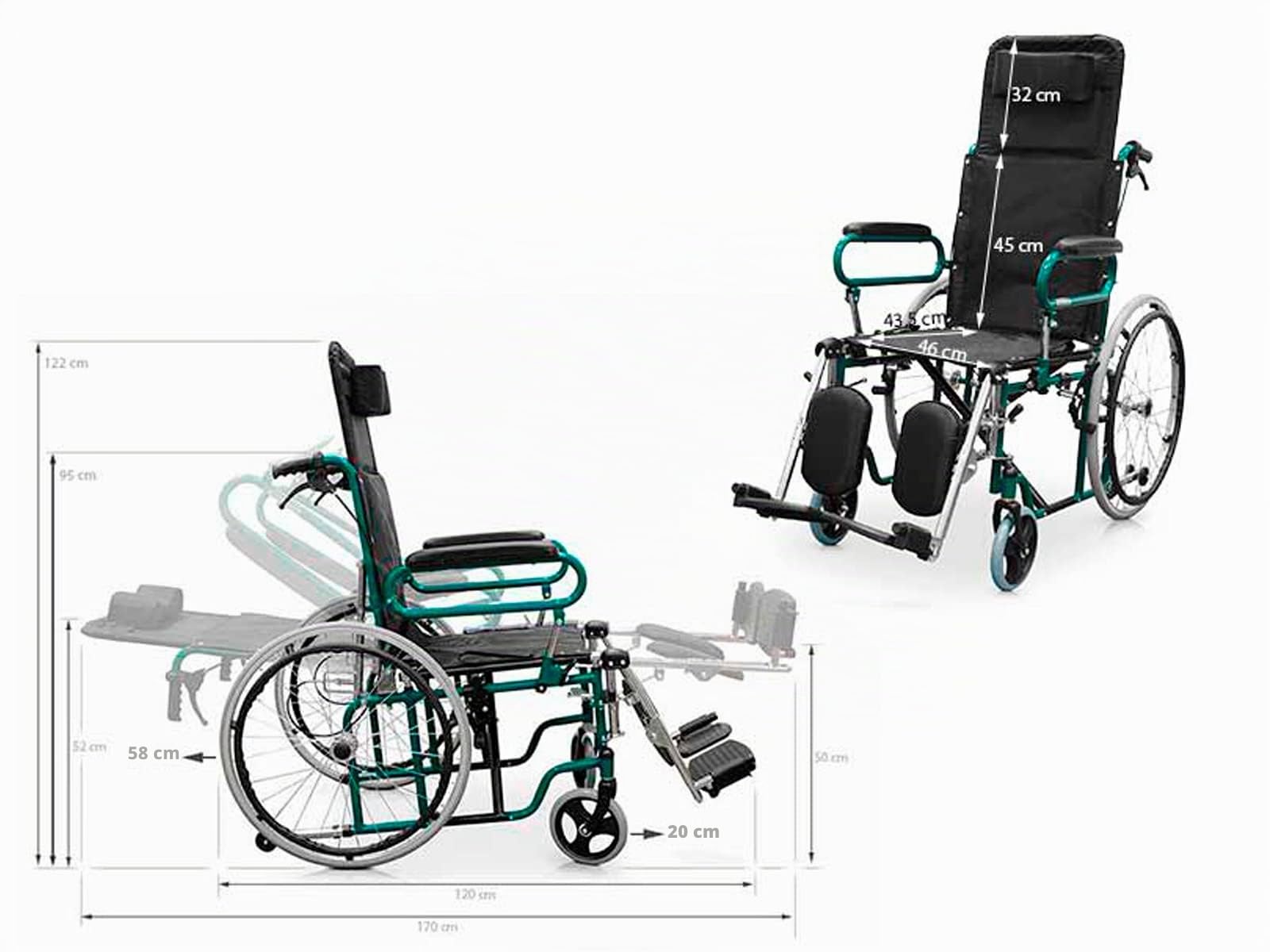 QUIRUMED Silla de ruedas reclinable con reposacabezas, Asiento 46 cm, Ligera, Plegable, Reposabrazos abatibles, Ruedines antivuelco, Frenos de mano y en manetas, Para mayores, Para minusválidos