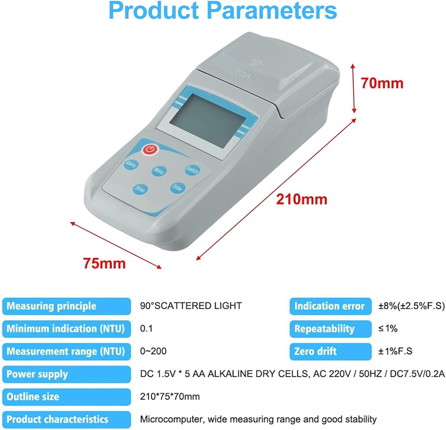 Lab Turbidity Meter, Water Quality Turbidity Detection Analyzer, Measuring Range 0-200 NTU, 90°Scattered Light Accuracy 0.1 with Backlight