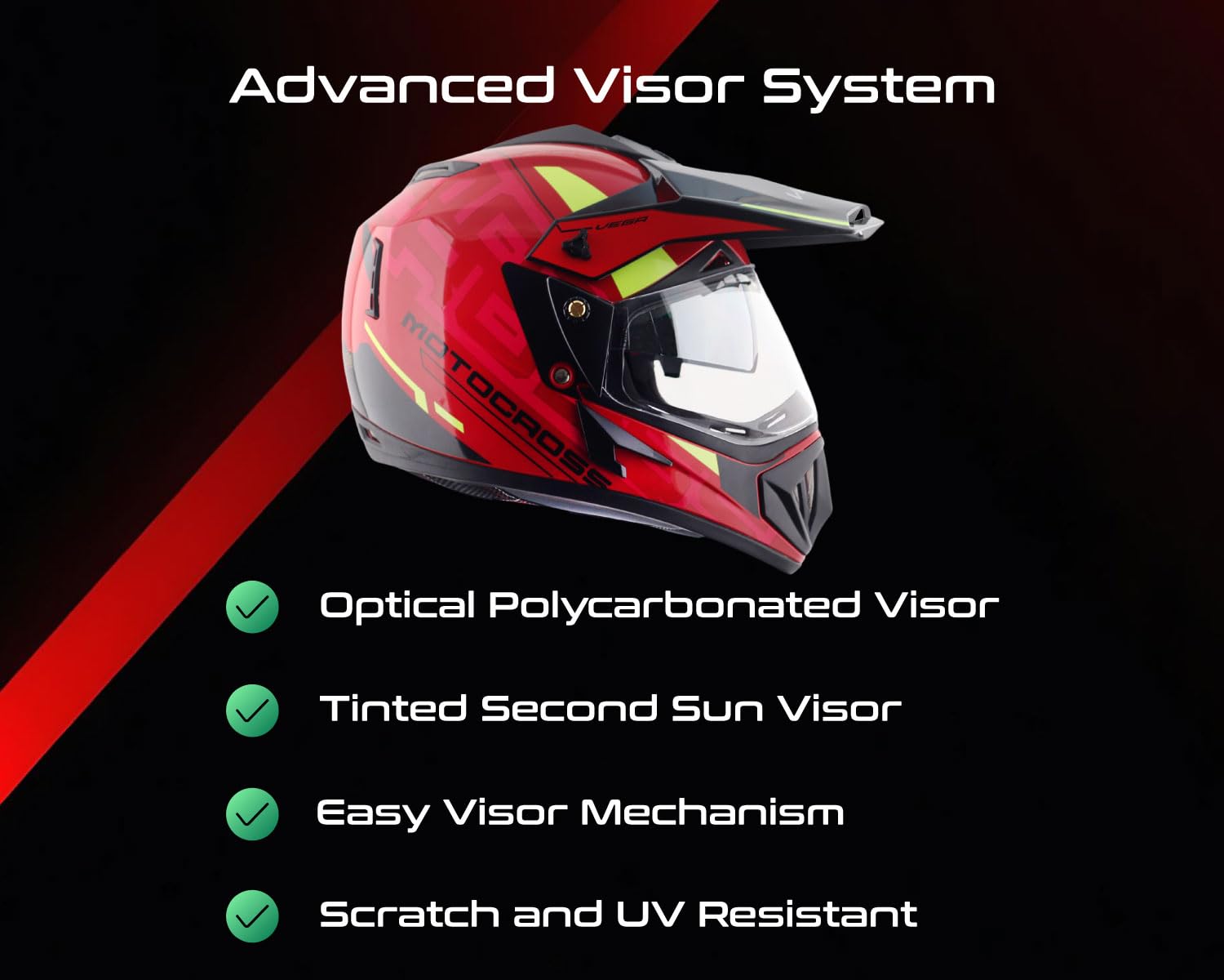 Vega Off-Road Motocross ISI Certified Gloss Finish Full Face Helmet for Men with Dual Visor and Stylish Peak-Red Black-M - Image 5 thumbnail