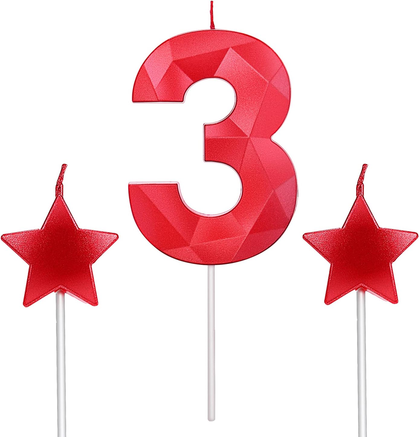 3rd Birthday Candles and Star Heart Candles 2.76 Inch for Birthday Cakes Decorations Wedding Anniversary Celebration Number 3 (Red,3)