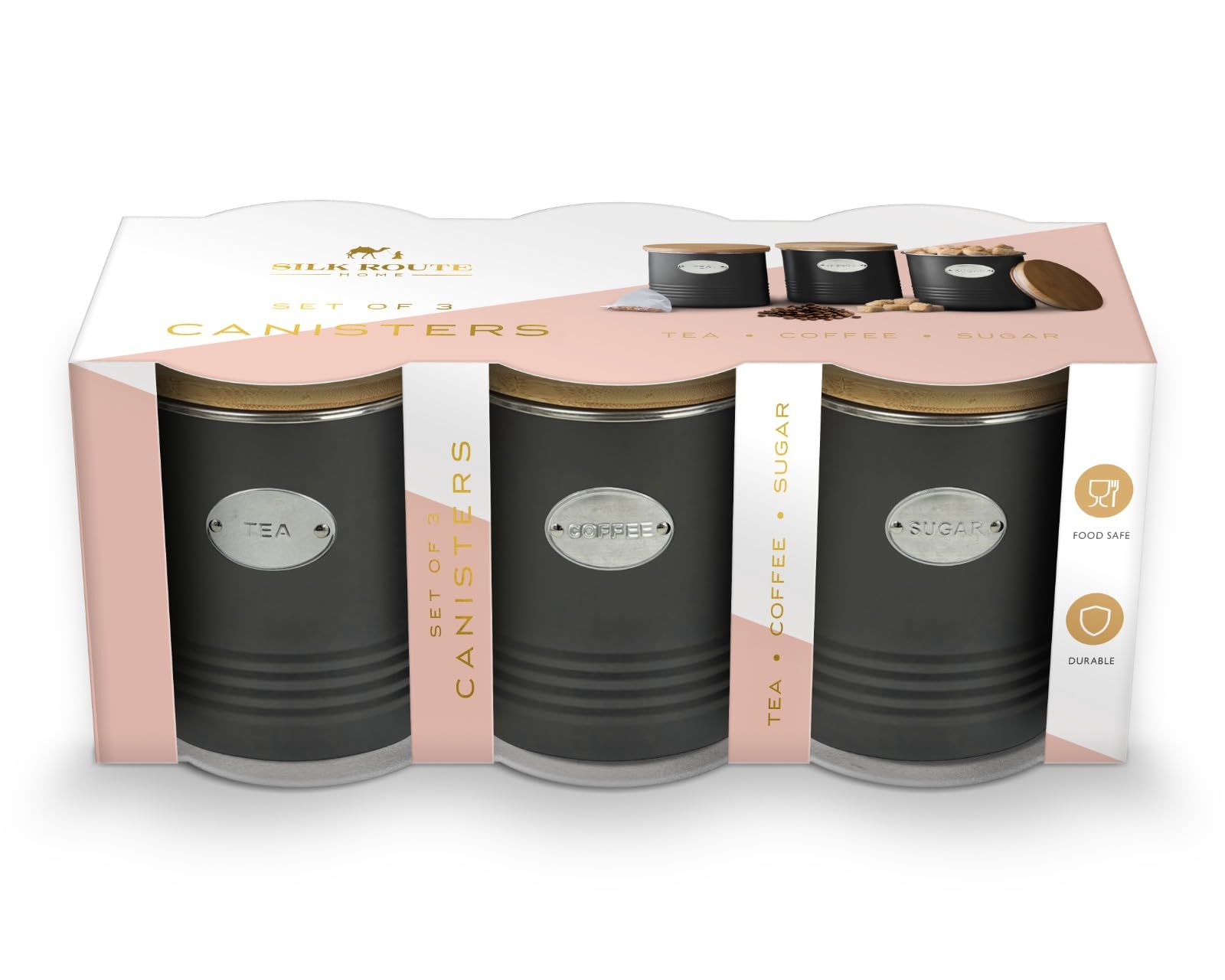 Tea, Coffee & Sugar Black Metal Kitchen Canister Set by Silk Route Home