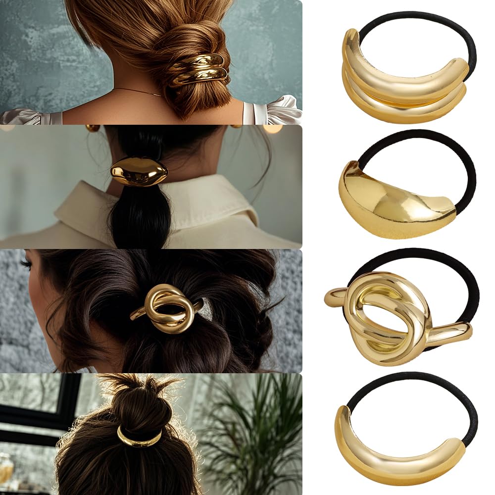 QKEPCY 4 Piezas Gomas Pelo Mujer Coletero Dorado Accesorios Pelo Mujer Coleteros Pelo Niña Adorno Pelo Boda Invitada Gomillas Pelo Mujer Adecuado Para Tejer Cabello Metal Hair Ties