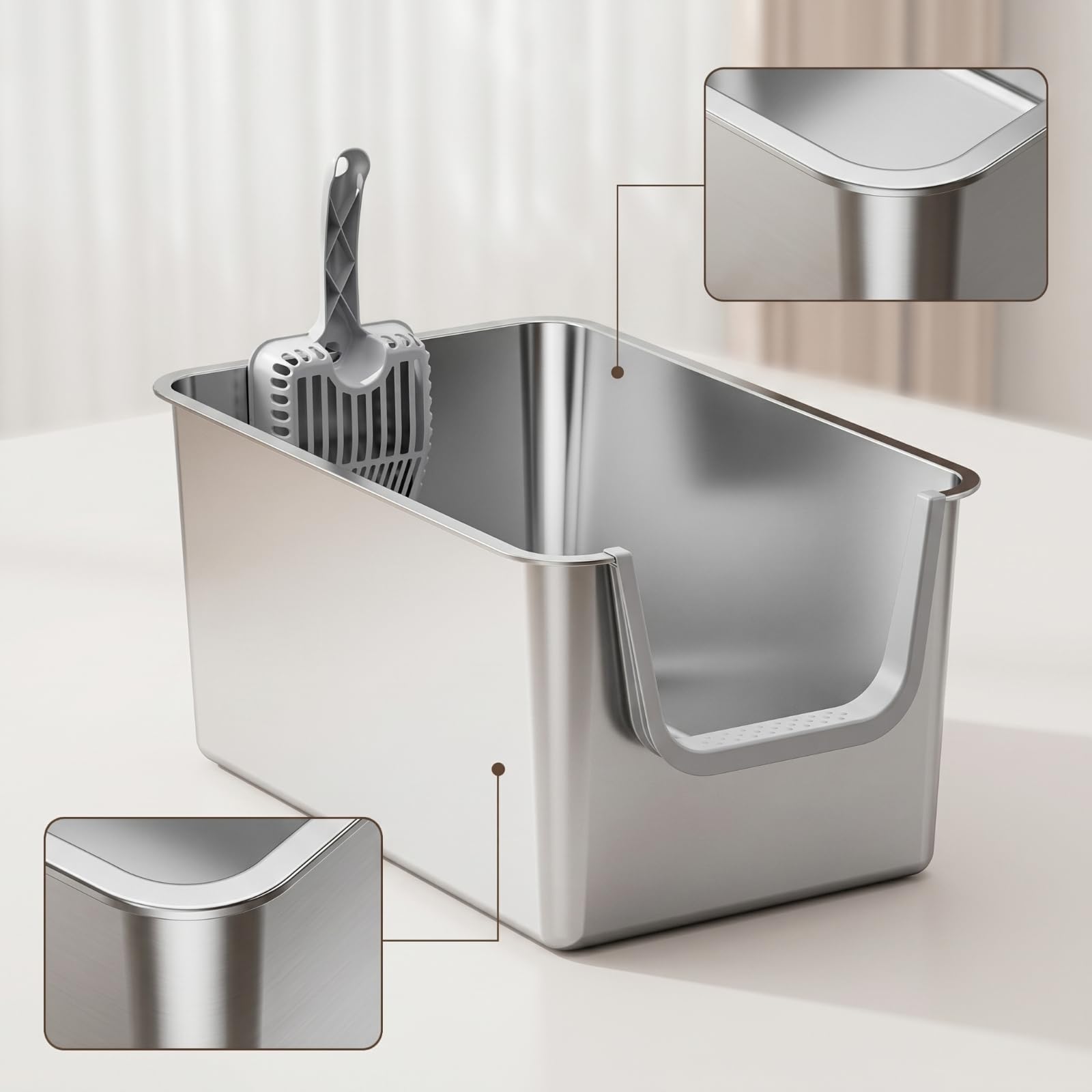 Lettiera in Acciaio Inox con Paletta, Grigio Chiaro, Apertura Laterale, Con Paletta Per Lettiera Extra Large E Adesivi Antiscivolo