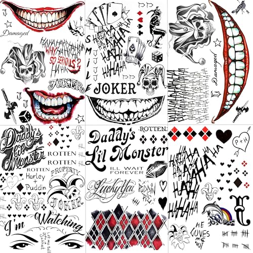 6 Sheets Halloween Tattoo Sticker Decals, Damaged Temporary Tattoos For Men Women Adults, Halloween Face HQ Tattoos Clown, Rave Party Accessories Costume Gothic Fake Tattoo Set