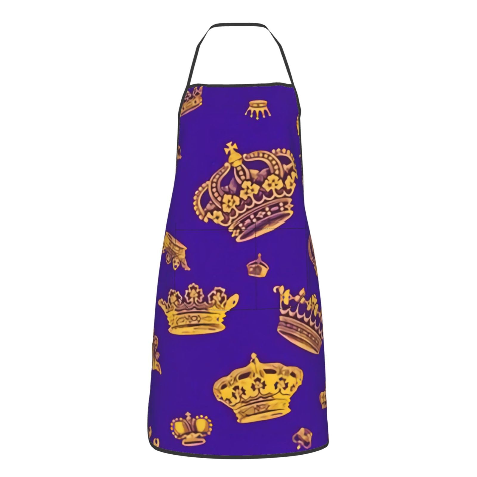 KWQDOZF Royal Crowns Gold On Purple Unisex Apron For Chef Apron With Pockets For Kitchen Cooking Baking Hotel