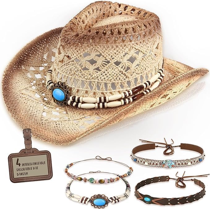 Straw Cowboy Hat Western Cowgirl Hat with Four Decorative Bands, Hat Size Fits 21 7/8 to 23, Wide Brim, Beige