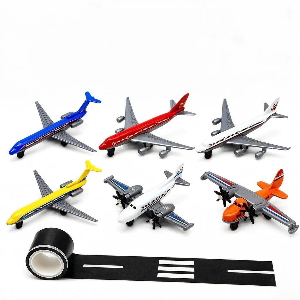 6 Pack Aeroplane Toys with Runway Tape, Alloy Aircraft Plane Models, Mini Diecast Style Aeroplane Vehicle Set, Assorted Passenger Plane and Propeller Aircraft Models for Display, Party Favours