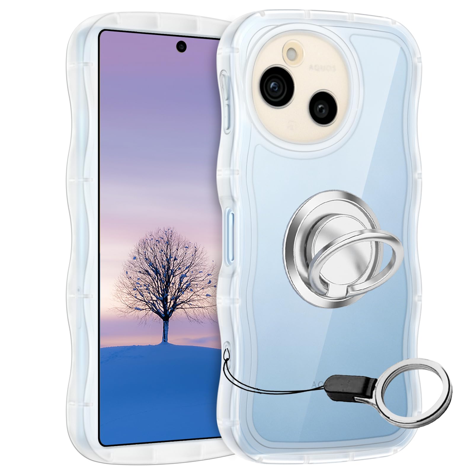 AQUOS sense9 sense10 ケース クリア ウェーブ リング付き SH-53E SHG14 SH-M29 SH-53F SH-M33 TPU波状のバンパー 透明 スマホケース かわいい うねうね アクオス センス9 10 ウェーブ デザイン 可愛い 韓国 女性用 薄型 人気 おしゃれ 耐衝撃 ストラップホール付き(クリア)