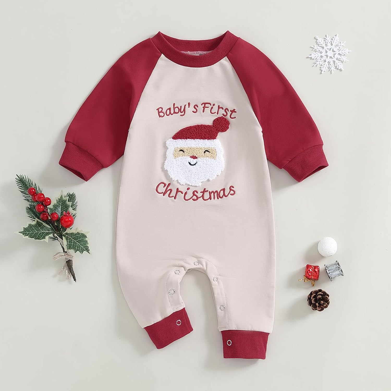 FYBITBO Infant Baby Boy Girl Clothing Santa Long Sleeve Jumpsuit Romper My First Christmas Outfit Newborn Clothes (Baby's First Christmas Outfit-Red, 12-18 Months) - Image 2