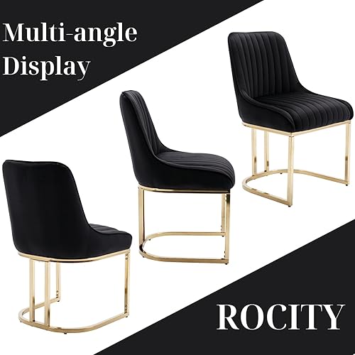 Miniatura 9 de Juego de 2 sillas de comedor tapizadas de terciopelo negro y dorado, modernas sillas de cocina sin brazos con respaldo