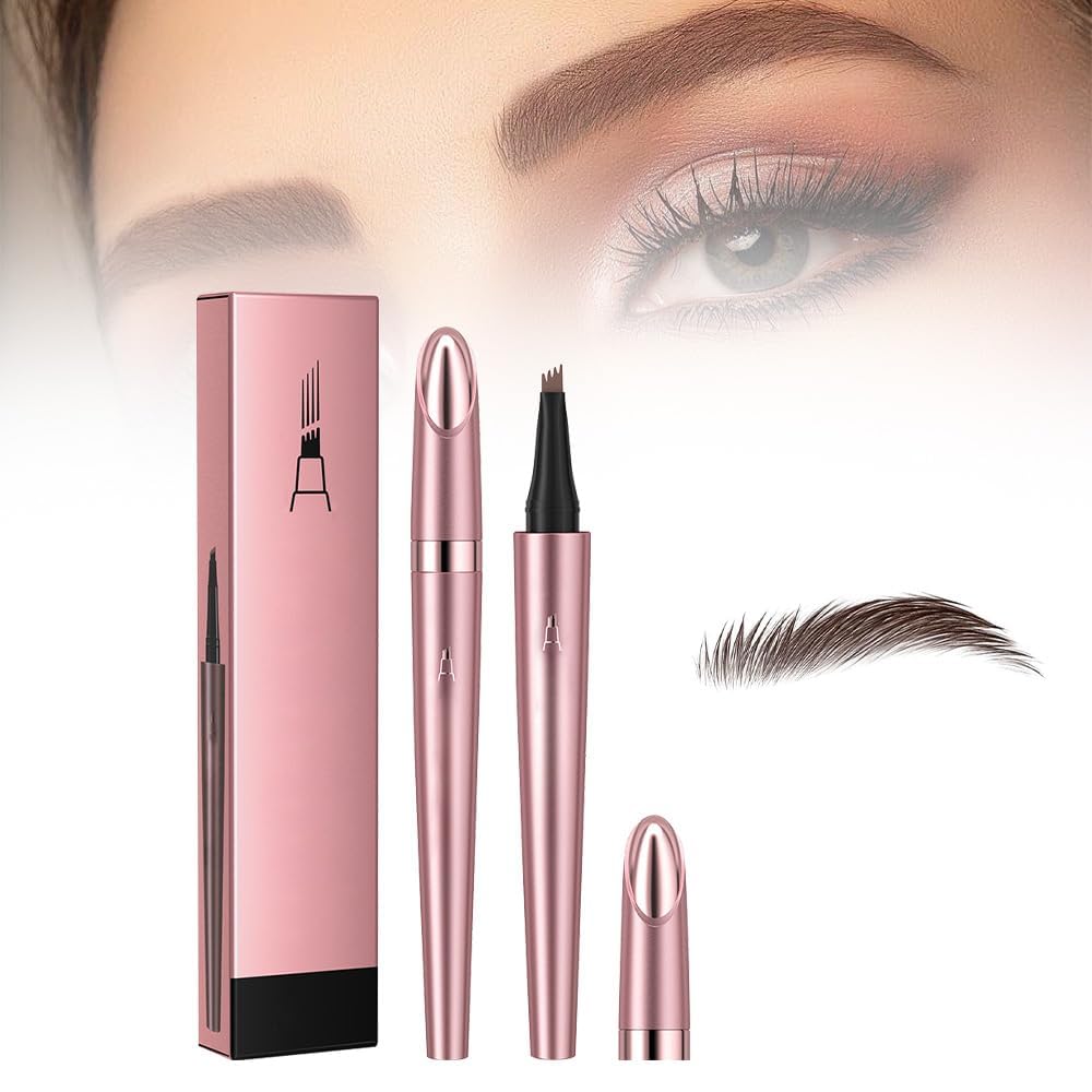 Eyebrow Tattoo Pencil 4 Fork Tip, 2024 New 3D Microblading Waterproof Eyebrow Pencil, Natural Makeup Fine Stroke Magic Eyebrow Pencil with 4 Micro-Fork Tip for Women (Dark Brown)