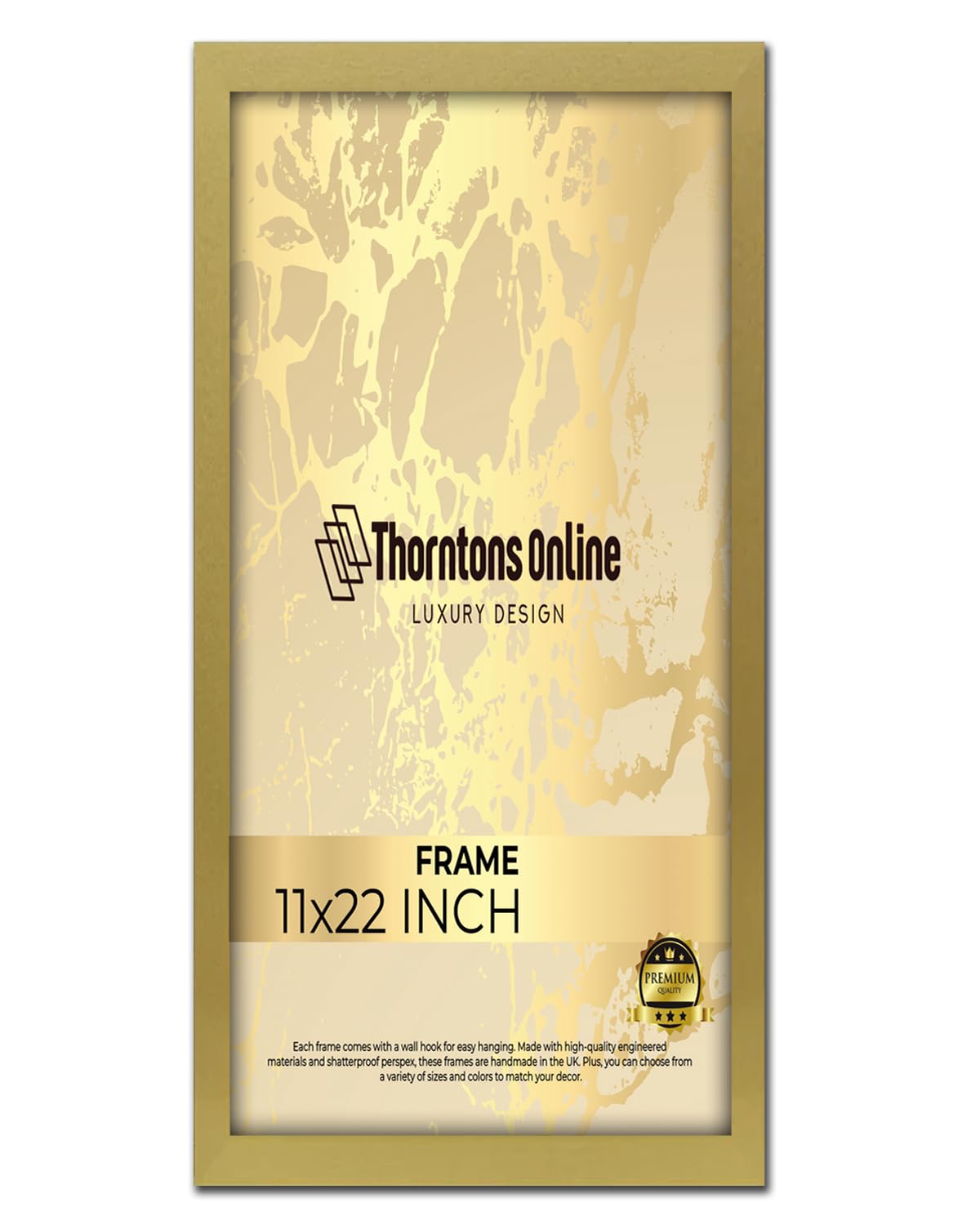 Poster Frame -Plain Gold 11x22'' mdf backing with both ways hanging hooks |Picture Photo frame 22x11'' |Acrylic front | Home & Office Decor