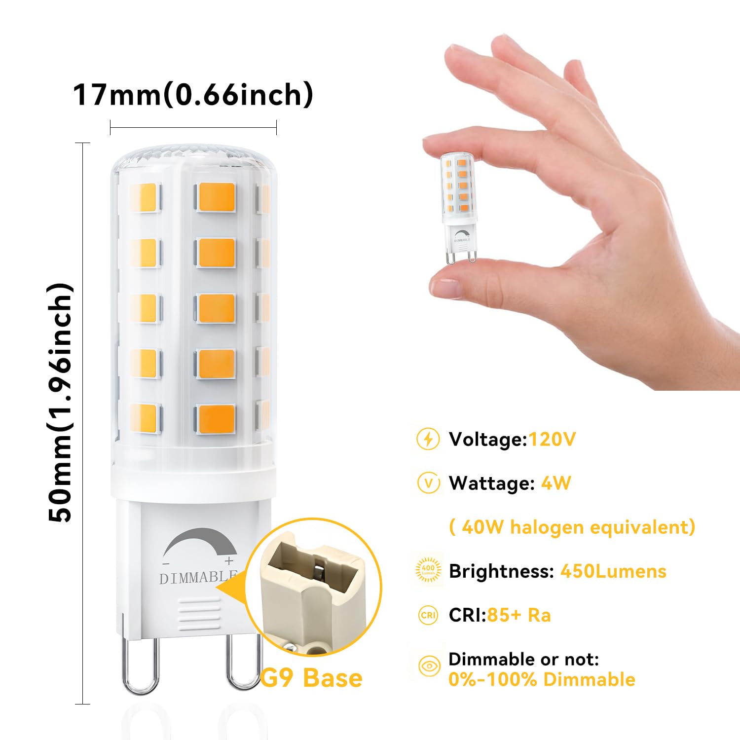 TJOY 12 Pack Dimmable G9 LED Bulb 4W Equivalent 40 Watt 3000K Soft Warm White T4 G9 Bi-pin — view 3