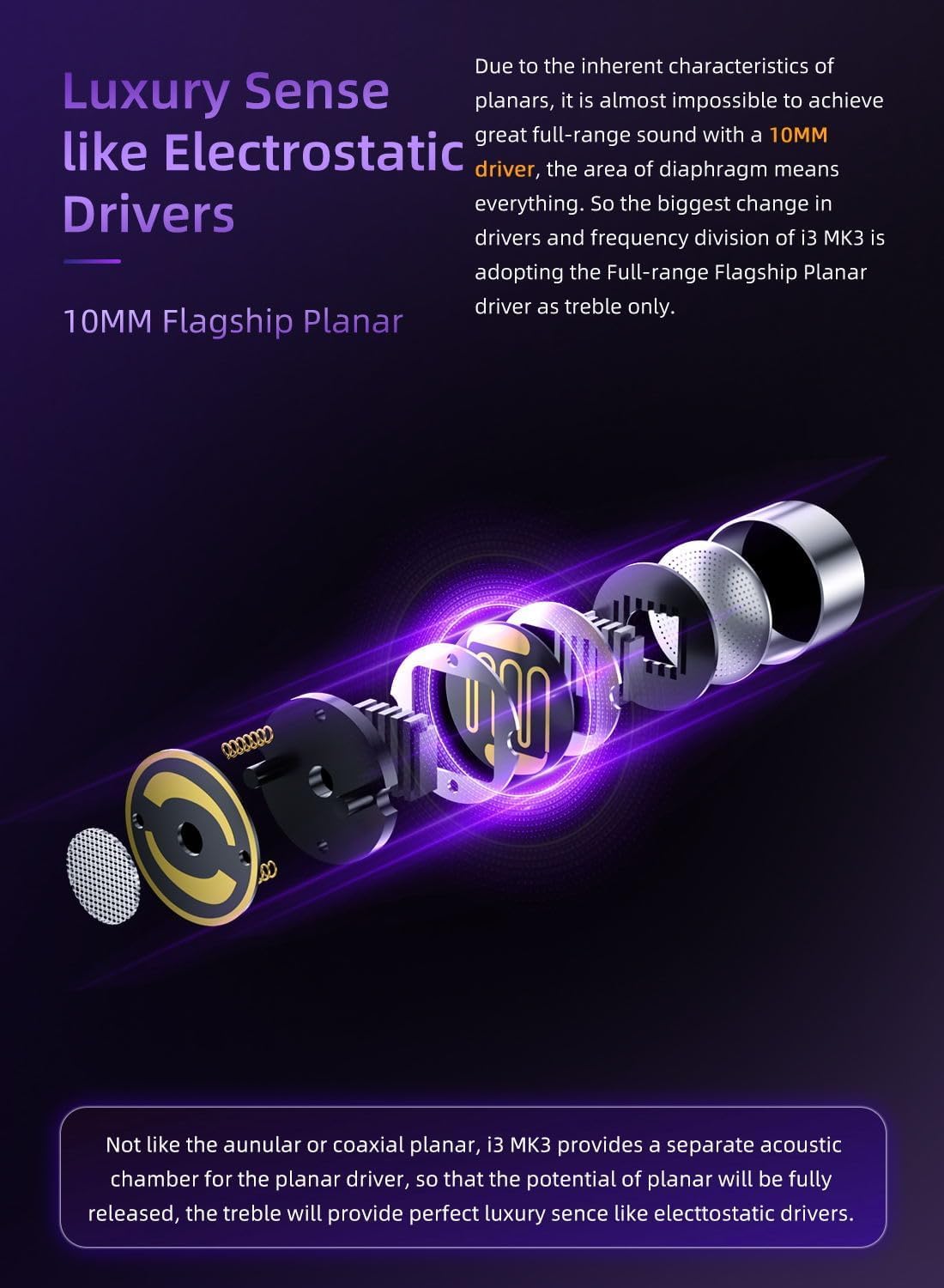 YINYOO TRI I3 MK3 in Ear Monitor with 3rd Gen 10mm Planar + 1DD 10mm Beryllium Diaphragm + 1BA SONION 2356 Hybrid Drivers, CNC Aluminum Alloy Housing, 2 Pins 4.4mm Plug, PU Leather IEM Case (Purple)