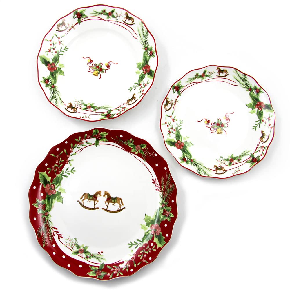 The Royal Family Service d'assiettes de Noël Décoro cannes et chevreuils à bascule pour 6 places de table (18 pièces) en porcelaine Lucente et résistante "Christmas Dream"