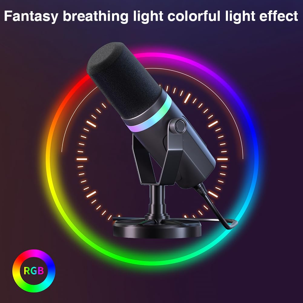 Micrófono dinámico XLR/USB para juegos, micrófono dinámico RGB para grabación en streaming