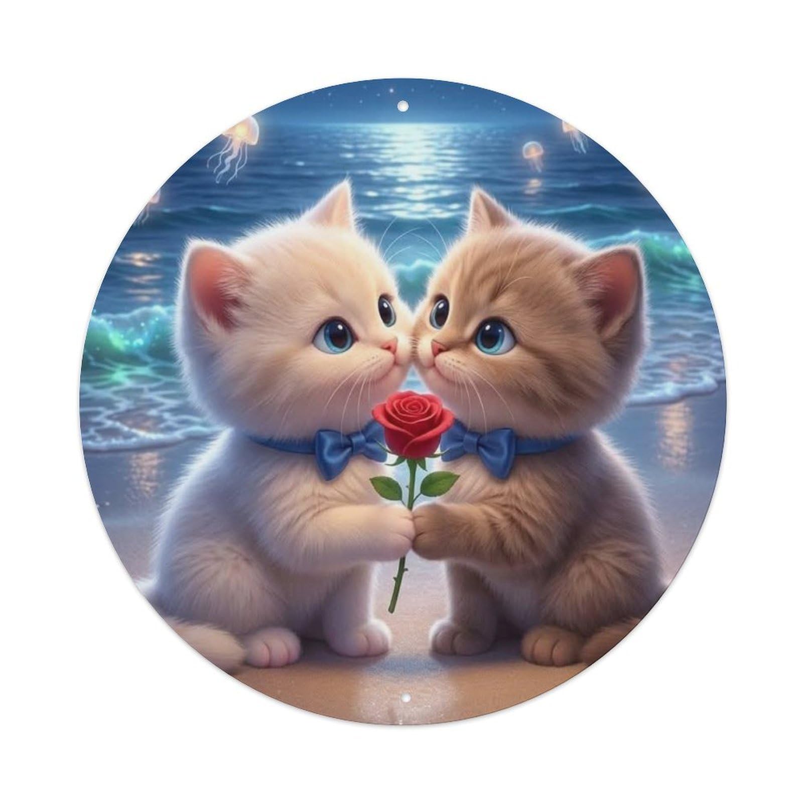 Animal Poster Cat Couple Valentine Romantic Night Seaside Moon Vintage Metal Tin Sign Plaque Wall Decor for Cafe, Club Bar, Office, Garden Metal Poster 8x8Inch