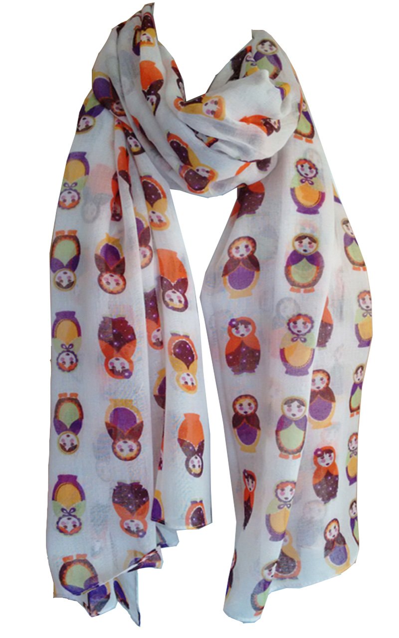 GlamLondon DOLLS Print SCARF Russian Babushka Matryoshka Doll Ladies Womens Fashion Scarves Sarong (Creamy White)