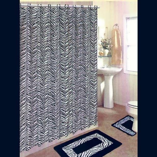 Black and White Zebra 15-piece Bathroom Set: 2-rugs/mats, 1-fabric Shower Curtain, 12-fabric Covered Rings.