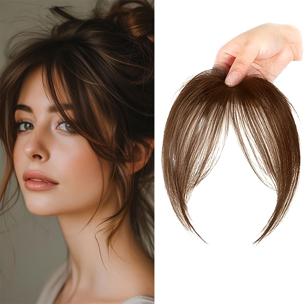 Frangia Clip Capelli Veri Natural 3D Frontale Frangia Posticci Remy Human Hair Bang con Tempie per Donne(Marrone chiaro)