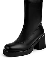 Soesyi Women's Square Toe Suede Mid Calf Slouchy Boots - 3.4" Chunky Block Heel, Stretch Zip Ankle Booties for Comfort & Style