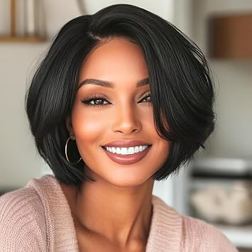 Short Bob Wig, Synthetic Hair, Black, Natural Looking Synthetic Hair Wigs for Women Female Wig Bob Hairstyles Brown Hair Black
