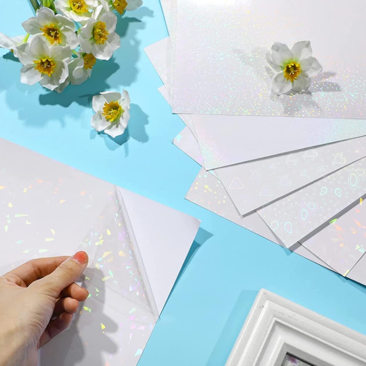 50 Pcs Holographic Cold Laminate Sheet A4 DIY Cutting BOPP Material 30x21.4cm Clear Decorative Holographic Sheets for Badge (Love Film)