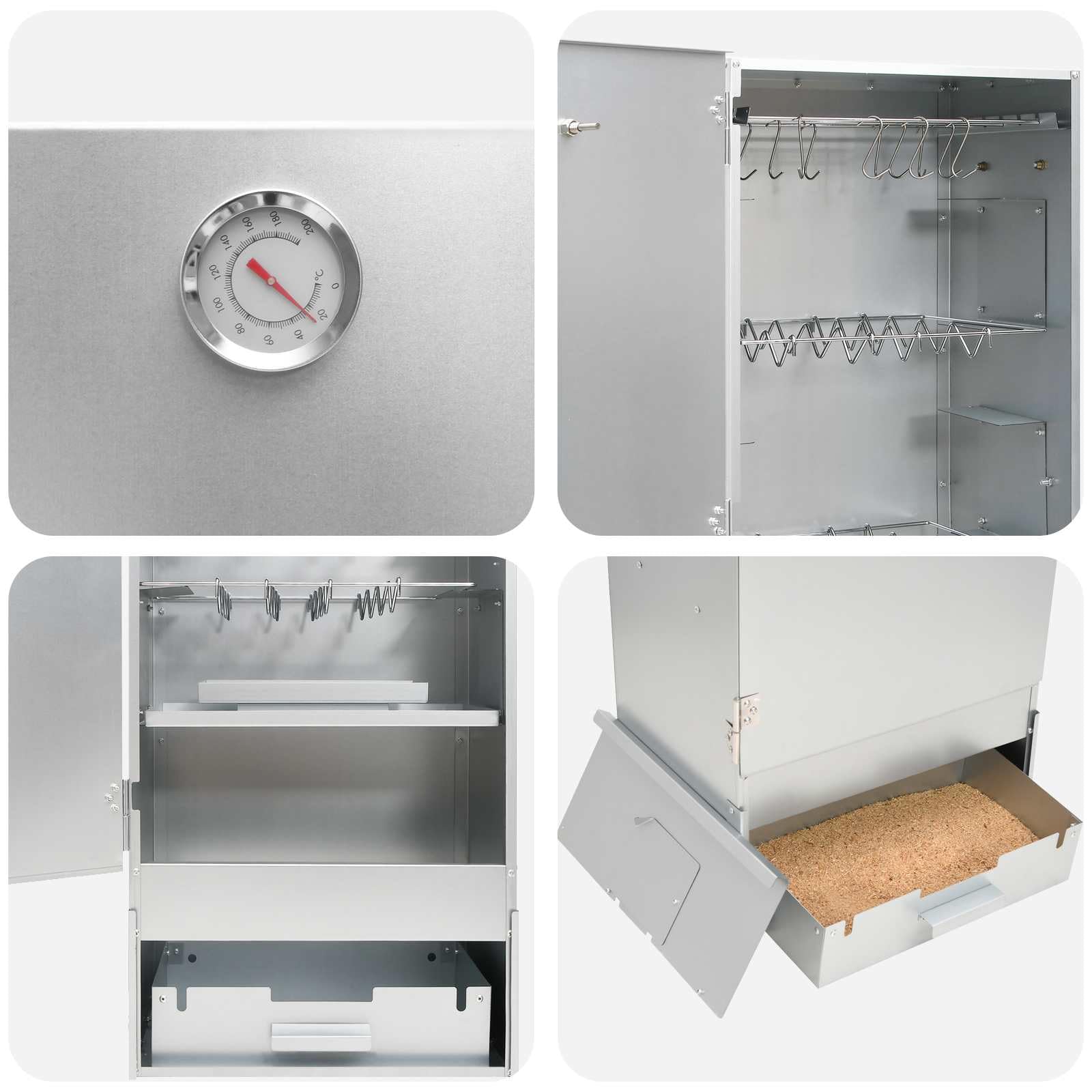 Forno affumicatore, 3 pezzi, 44,5 x 29 x 110 cm, in acciaio zincato, argento | Per uso esterno, componenti in acciaio inox, facile da usare, design moderno, resistente alle intemperie