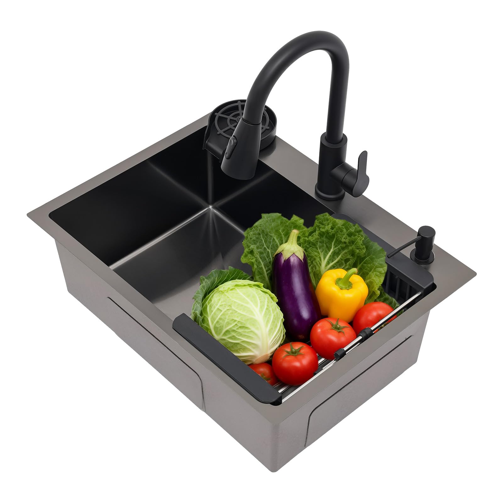 Fregadero de cocina, fregadero negro, 45 x 60 cm, acero inoxidable, fregadero moderno, rectangular, de primera calidad, de acero inoxidable, con grifos extensibles