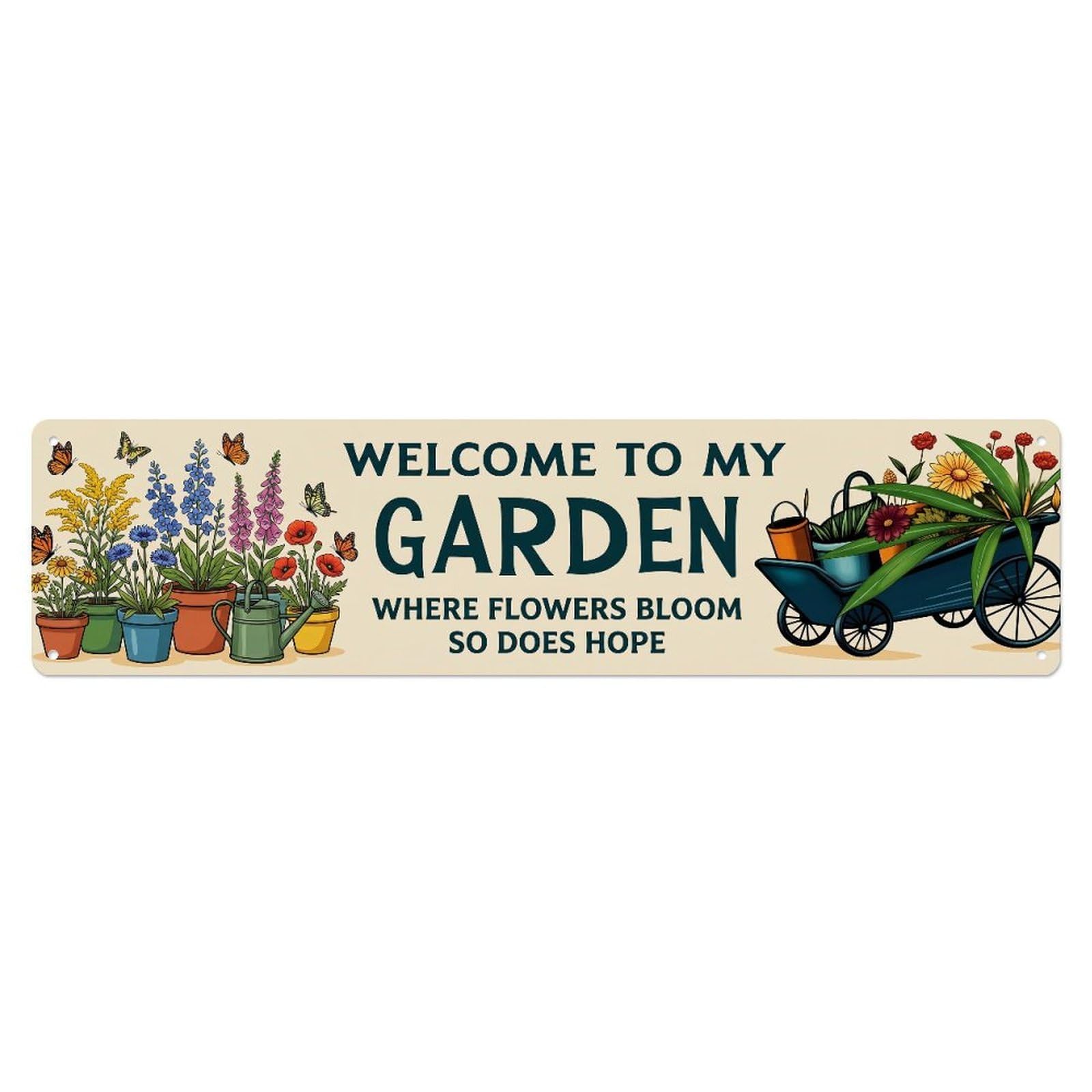 Metal Tin Sign Retro Welcome To My Garden Butterfly Blooms