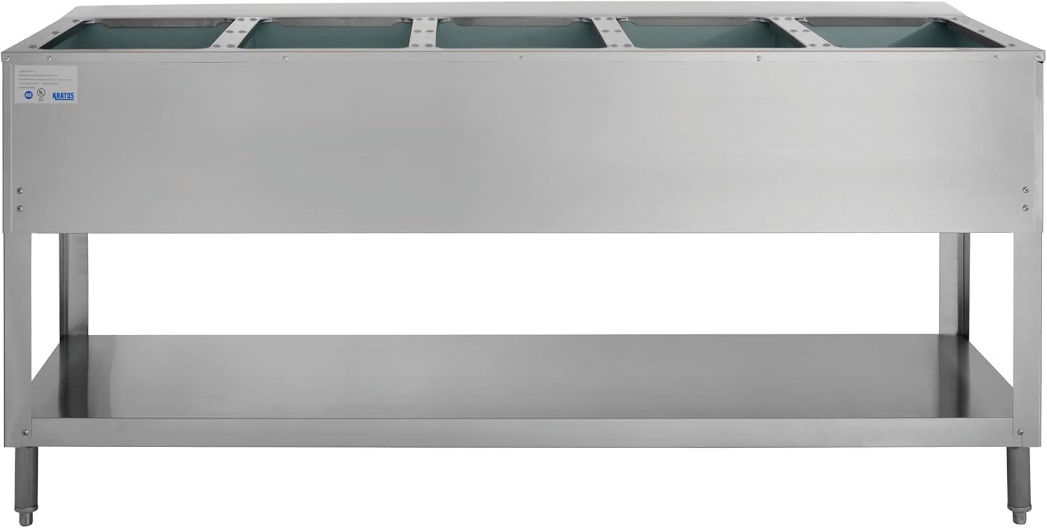 Kratos Electric Steam Table| Stationary Five Pan Open Well Hot Food Table with Undershelf | Stainless Steel Electric Steam Table for Restaurants | 240V, 3750W | NSF| Cutting Board Included (28W-113)