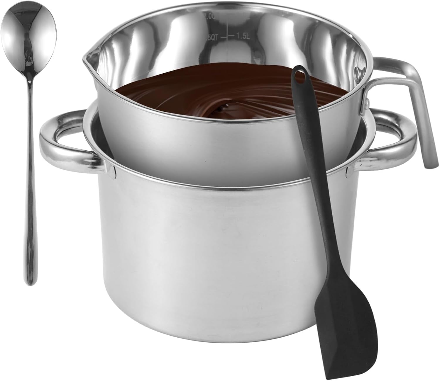 Generic 2.0 Qt Double Boiler Pot Set with Handle & Scale, Stainless Steel Melting Bowl for Chocolate, Silicone Spatula & Spoon Included