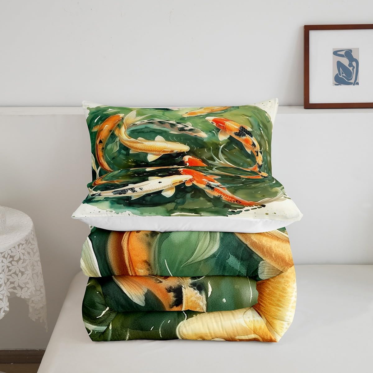 Erosebridal Koi Fish Twin Comforter Set Oriental Japanese Bedding Set, Watercolor Style Bedding Comforter Sets Wild Lucky Fish Duvet, Green Orange Beige Quilted Comforter Eastern Room Decorative