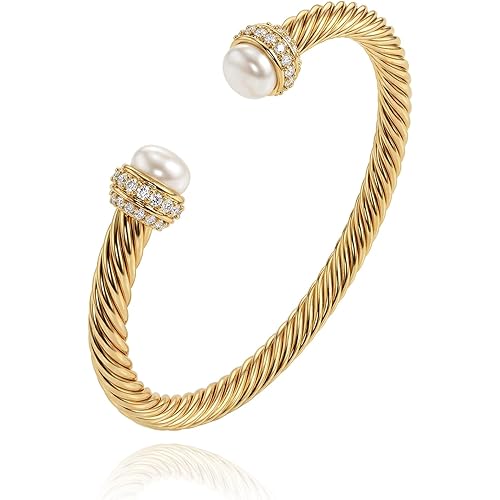 Fettero Gold Cuff Bangle Bracelets for Women - 14K Gold Plated Adjustable Open Cuff Friendship Bracelets Elegant Twisted Cable Bangle Bracelet Lightweight Pearl Bracelet for Dainty Jewelry
