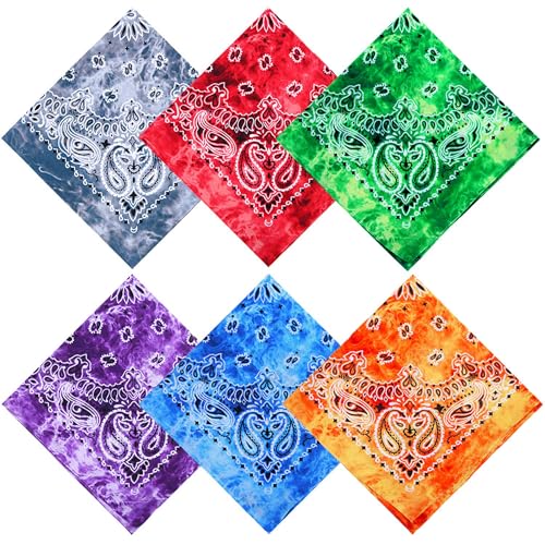 URATOT 6 Pack 22 x 22 Inch Tie Dye Bandana Cotton Paisley Bandanas Headbands Cowboy Handkerchiefs for Men and Women