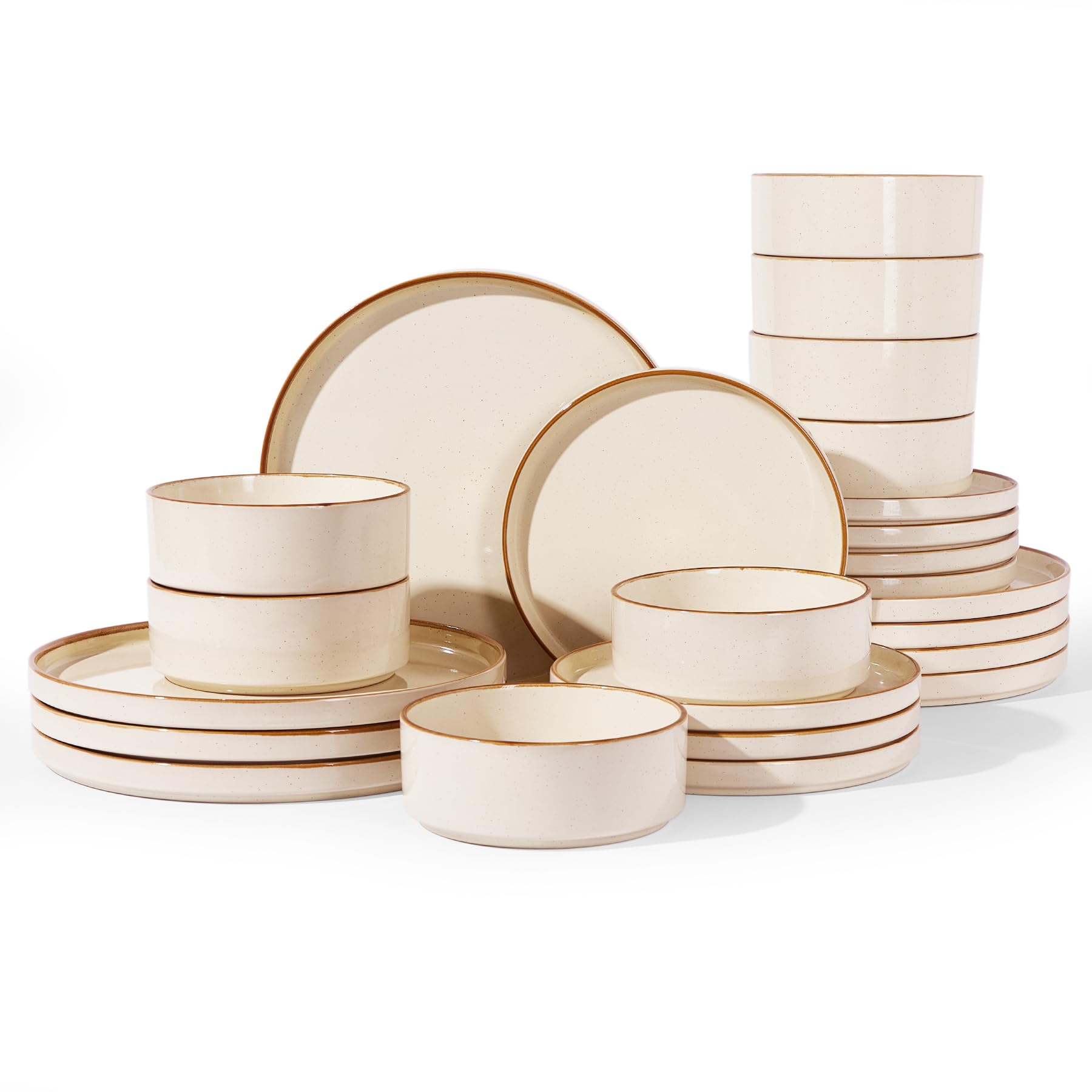 Famiware Nebula 24-Piece Dinnerware Set, Vanilla White with Brown Rim